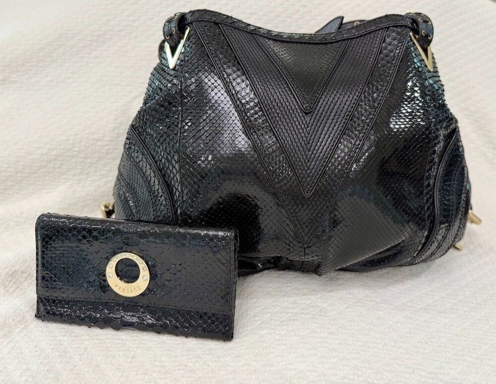 Authentic Rare Versace Snakeskin Embossed Gold Crystal Bag & Wallet